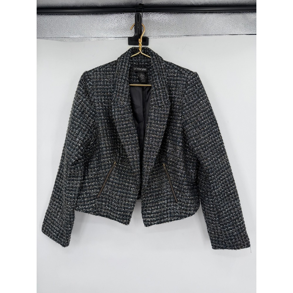 Lane Bryant Womens 16 Metallic Tweed Blazer Jacket Black Blue Open Front Zippers